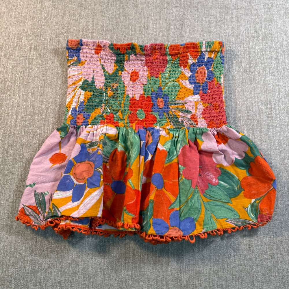 GB Floral Smocked Tube Top Orange Blue Pink Pom Pom Trim Peplum Large